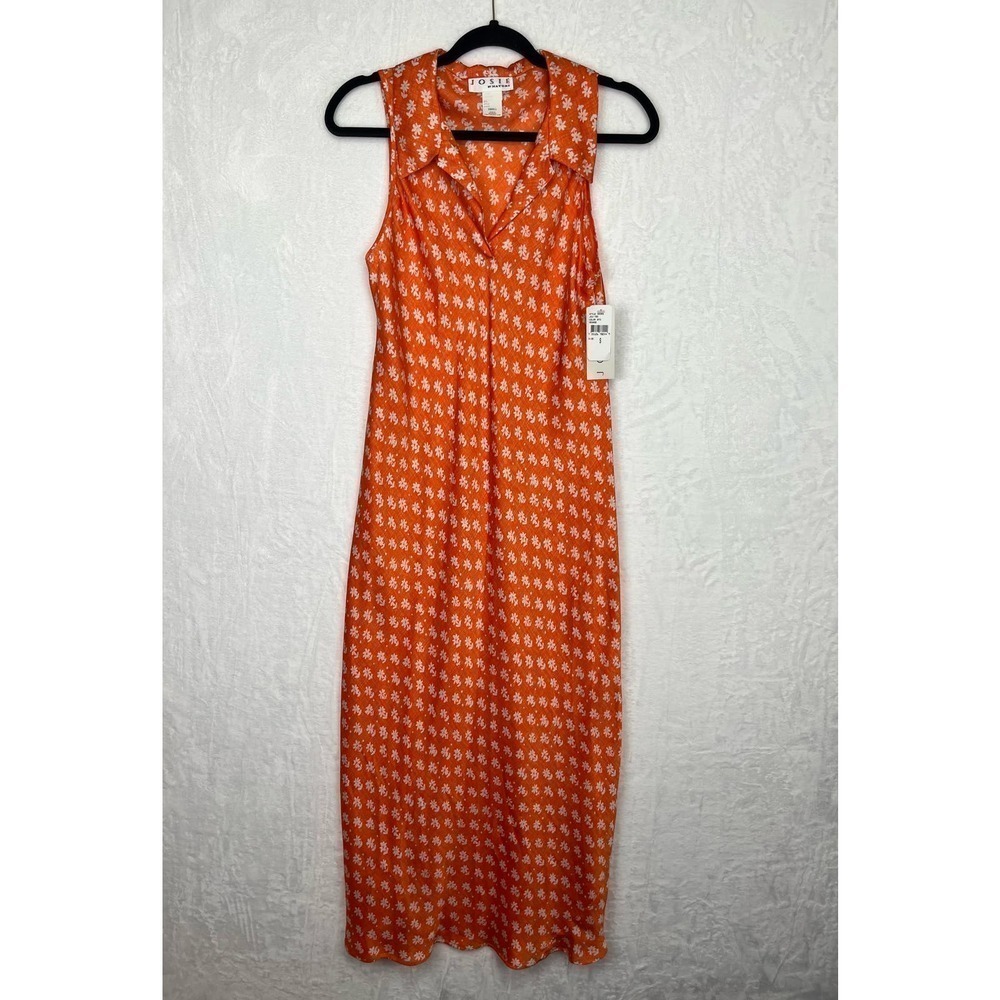 Josie By Natori Vintage 90s Collared Slip Dress Maxi Orange‎ Floral NWT Small